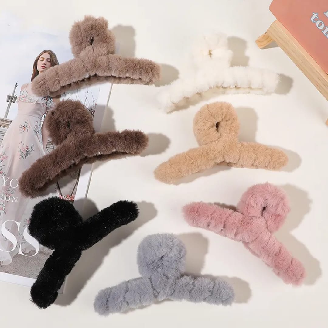 Fluffy Fur Claw Hair Clip - Set of 6 Colours
