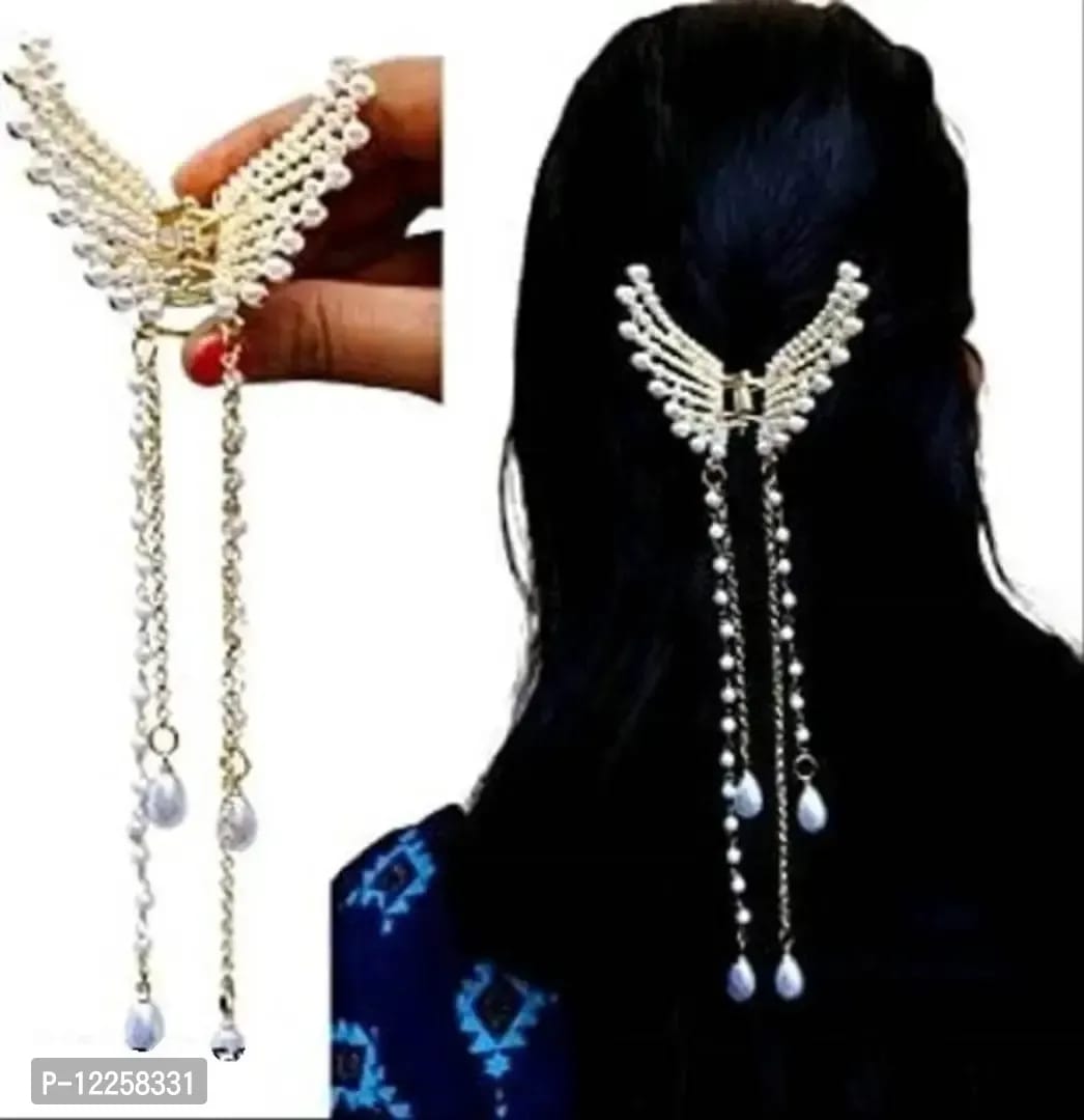 Angel Wing Pearl Chain Hair Clip - Golden