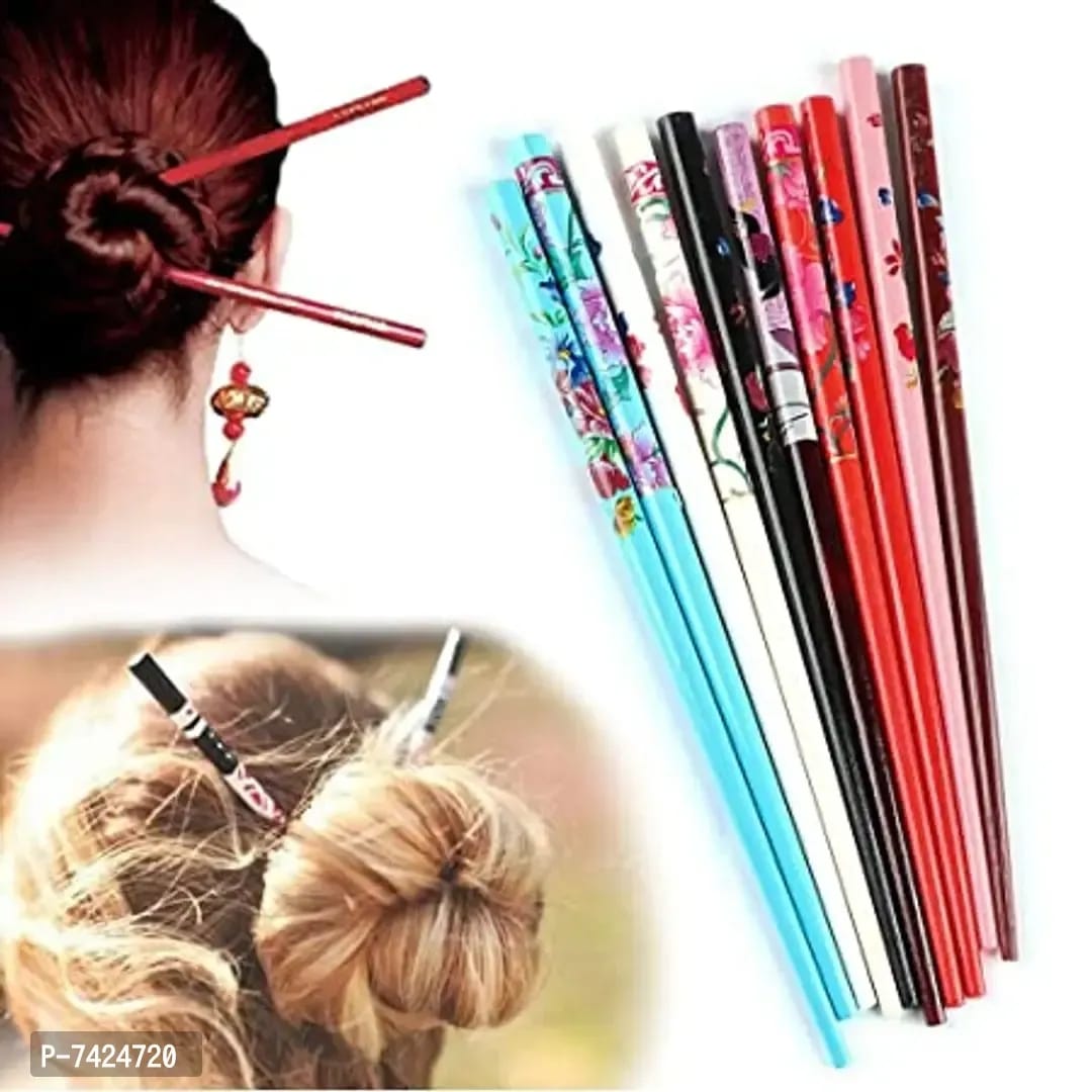 Floral Printed Hair Stick Bun Pin - Combo Set of 6 Colours